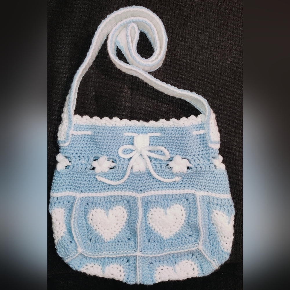 Crocheted Blue and White Heart Granny Square Drawstring Crossbody Bag - Picture 1 of 3